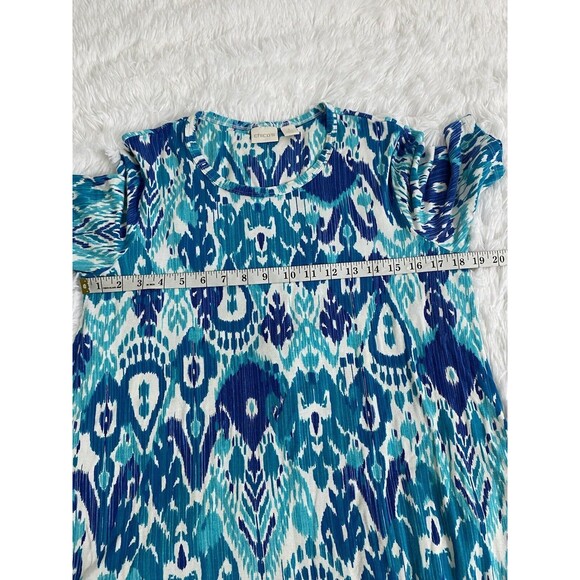 Chico's Pullover Top Blouse Blue Short Sleeves Asymmetric Embroidered hem Size 1 - Picture 2 of 12
